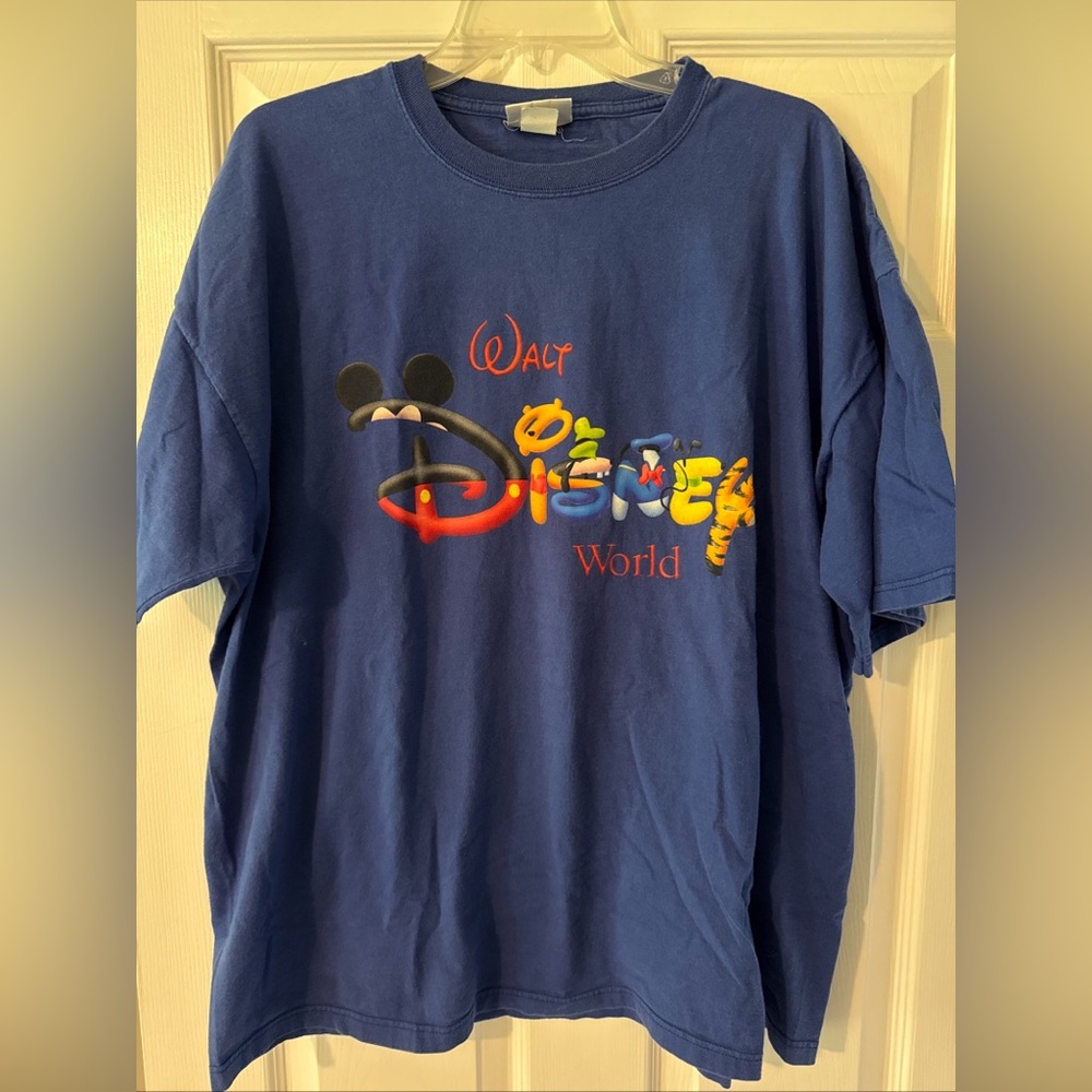 Vintage Walt Disney World Chatacter Logo Blue Short Sleeve Tee, XL